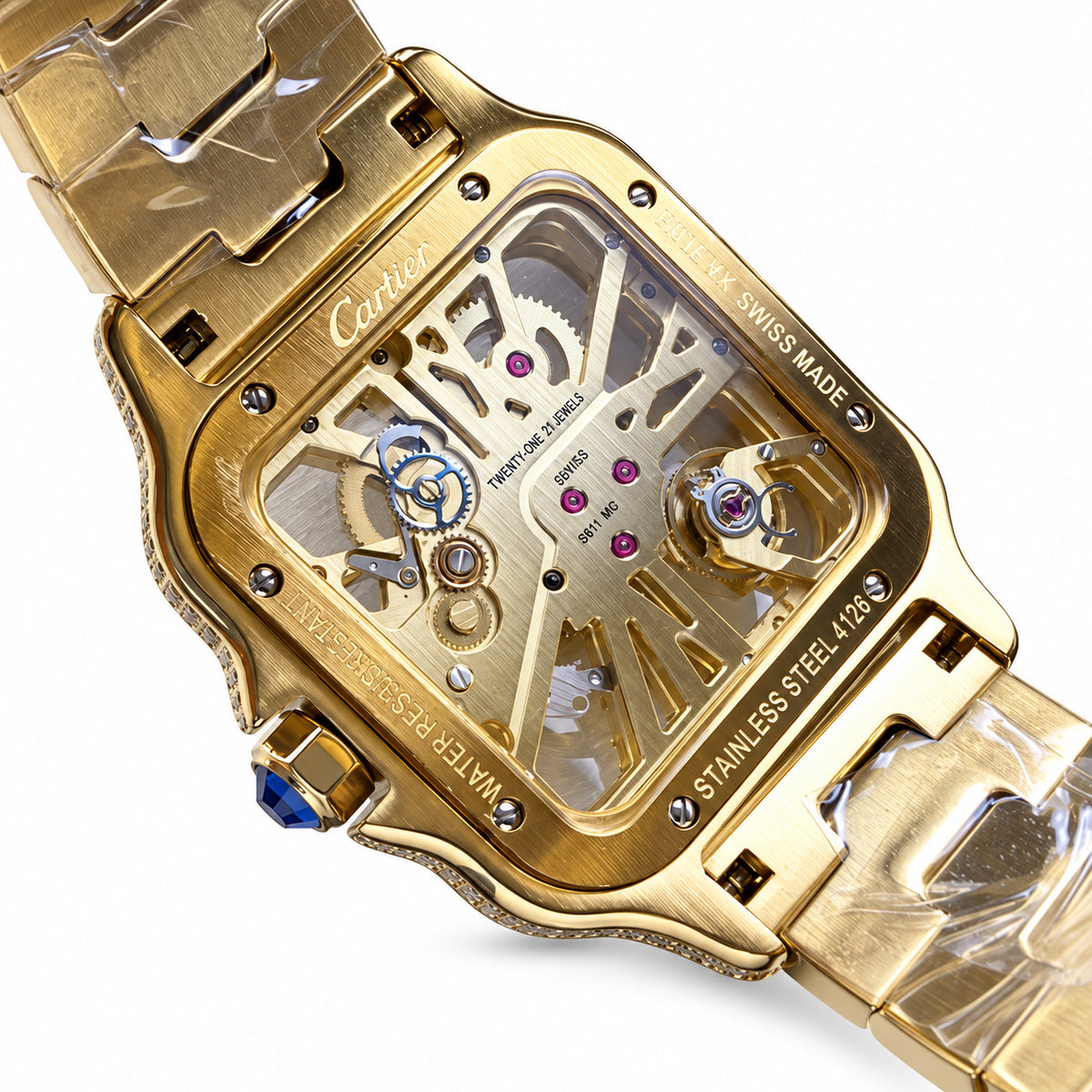 Cartier Santos de Cartier Skeleton Iced Out Yellow Gold Full Pavé Diamond Bracelet Watch