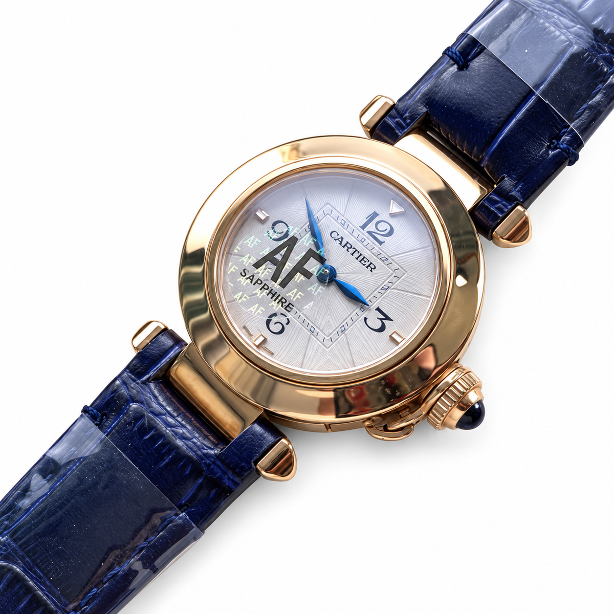 Cartier Pasha de Cartier 30mm 18k Rose Gold White Dial Blue Alligator Strap Quartz Watch