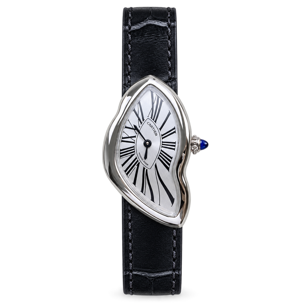 Cartier Crash Steel White Dial Black Alligator Watch