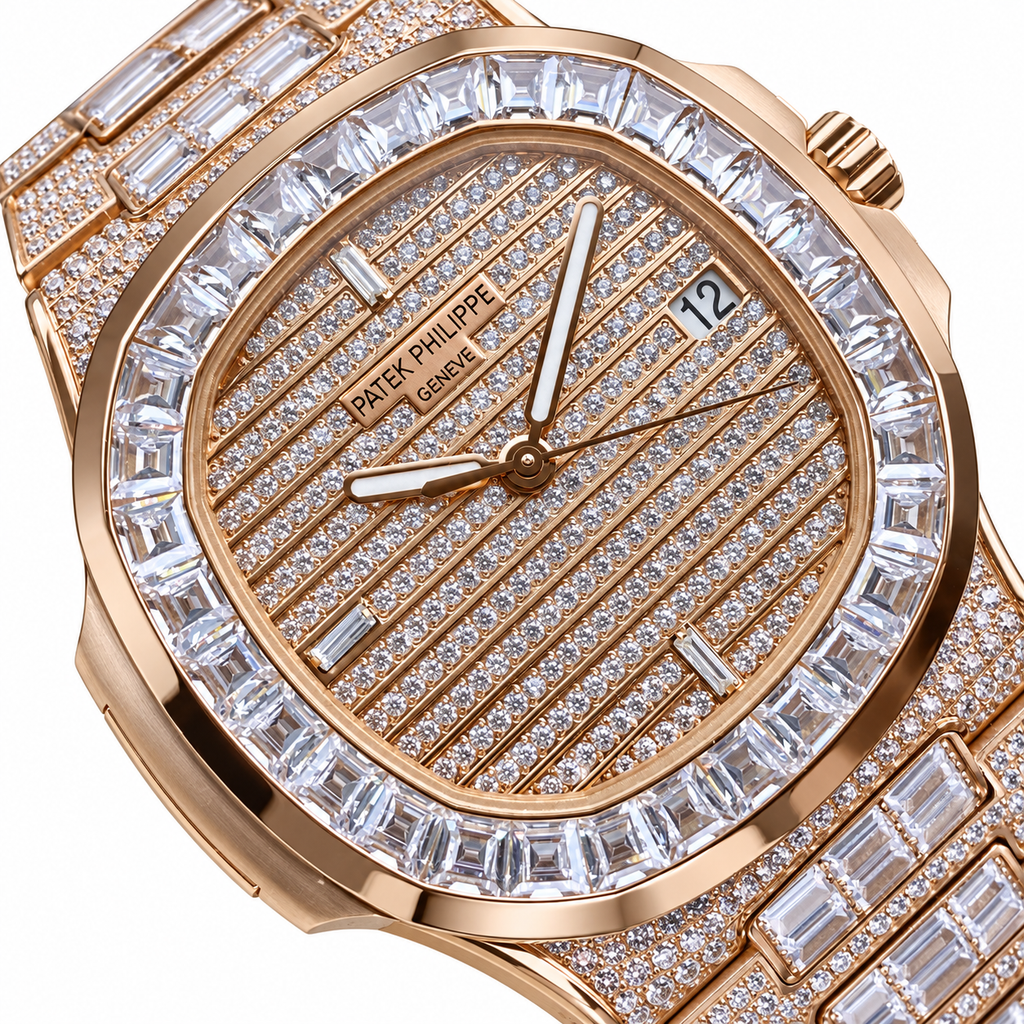 Patek Philippe Nautilus 5719/10R Rose Gold Full Diamond Pave Baguette Bezel Iced Out 40mm