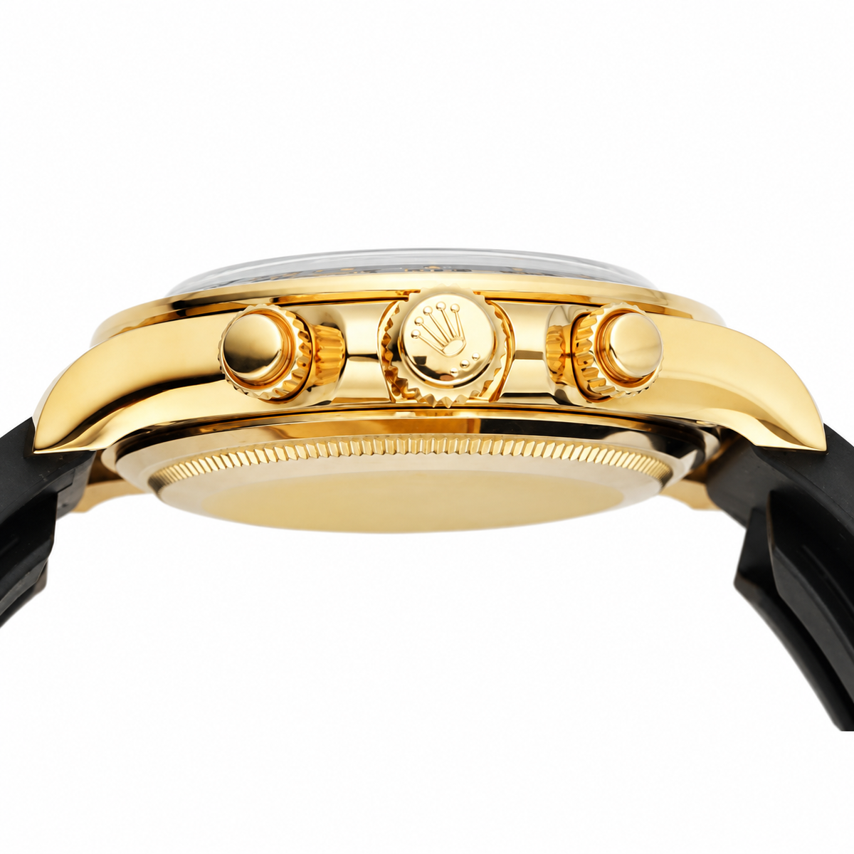Rolex Cosmograph Daytona Yellow Gold Black Ceramic Bezel Black Dial Champagne Sub-dials Oysterflex Watch