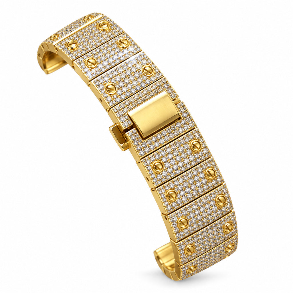 Cartier Santos de Cartier Skeleton Iced Out Yellow Gold Full Pavé Diamond Bracelet Watch