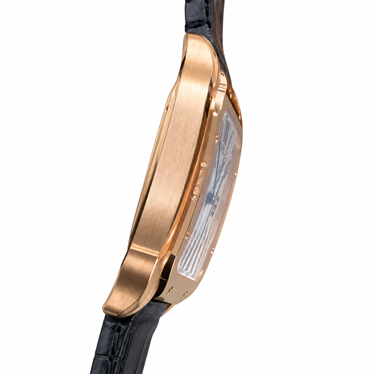 Cartier Santos de Cartier Large Rose Gold PVD Stainless Steel White Dial Roman Numeral Grey Alligator Strap Automatic Watch