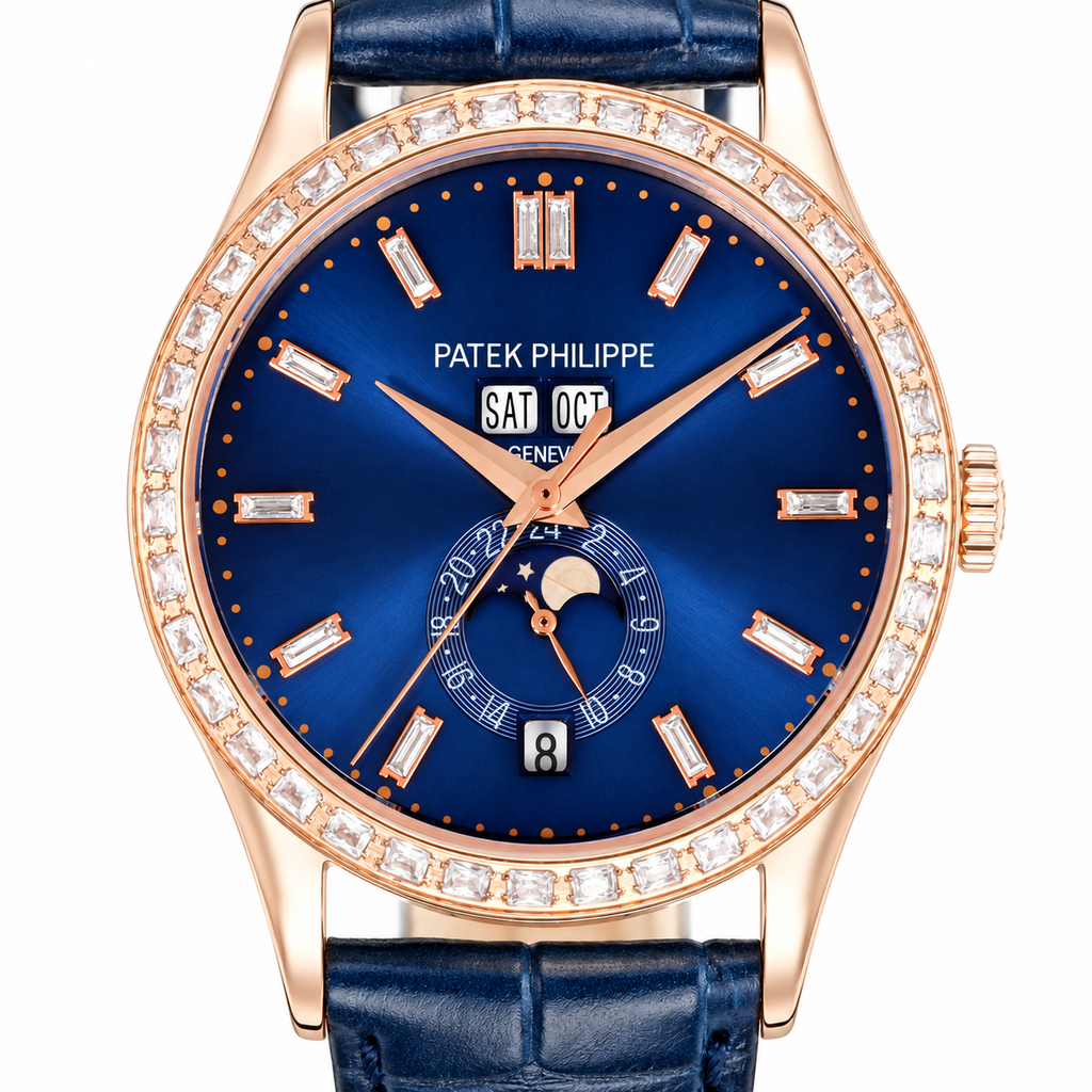 Patek Philippe Complications Rose Gold Baguette Diamond Bezel Blue Dial Annual Calendar Moon Phase Day Month Date Blue Strap 38mm