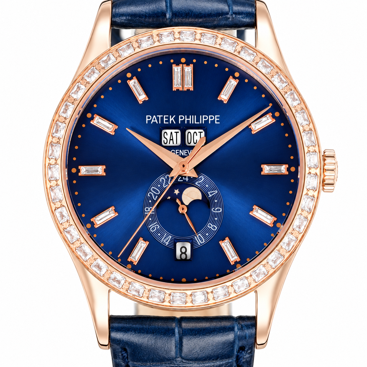 Patek Philippe Complications Rose Gold Baguette Diamond Bezel Blue Dial Annual Calendar Moon Phase Day Month Date Blue Strap 38mm