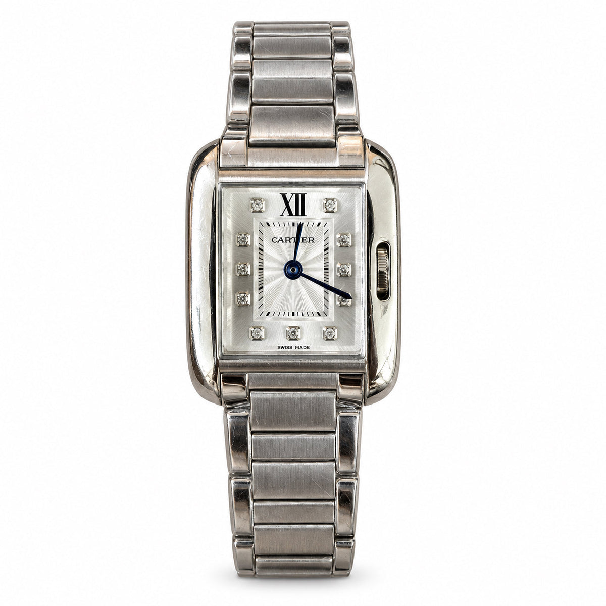 Cartier Tank Anglaise Stainless Steel Ladies Watch with Diamond Hour Markers & Sapphire Crown