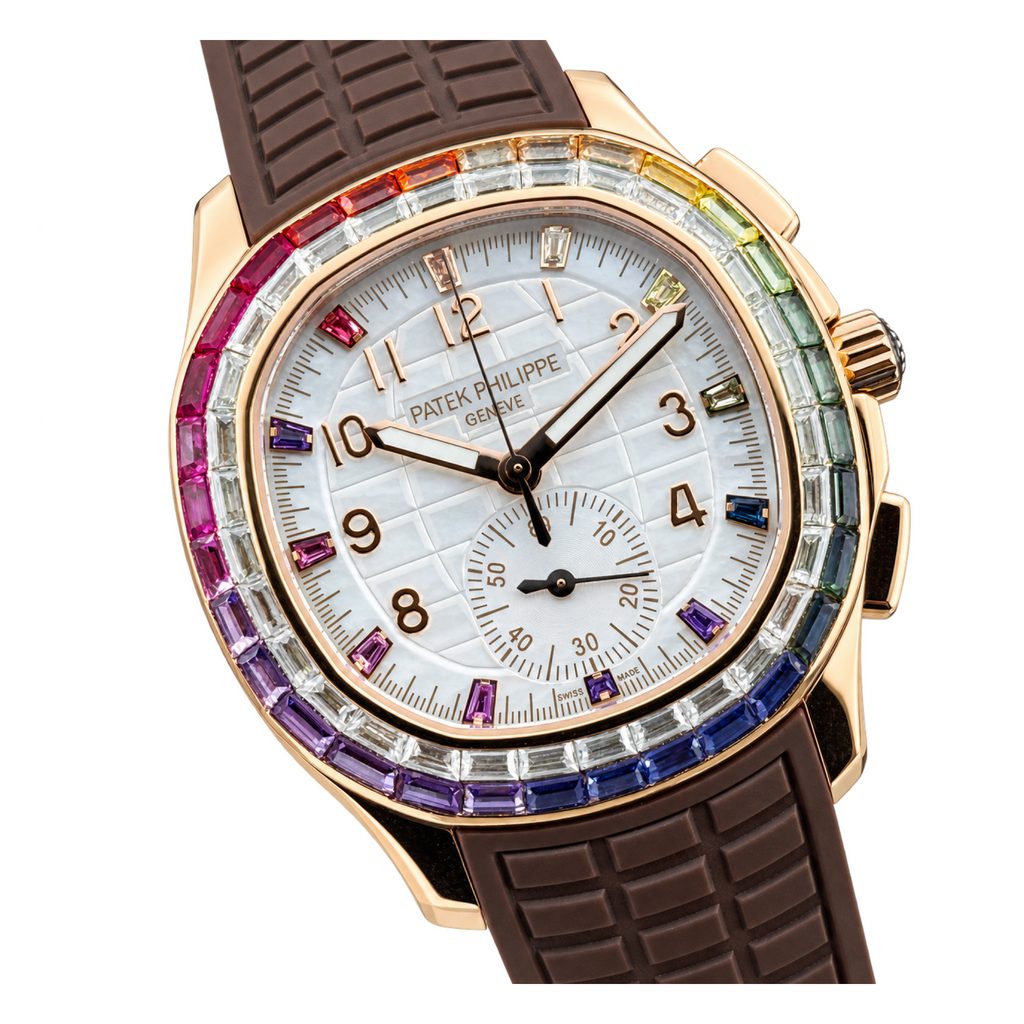 Patek Philippe Aquanaut Chronograph Rose Gold Rainbow Sapphire White MOP Brown Strap 39.9mm