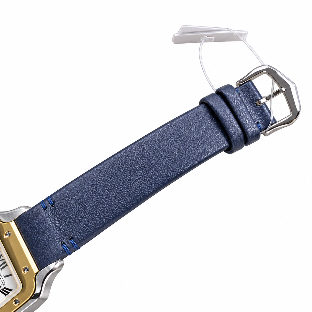 Cartier Santos de Cartier Large Stainless Steel & Yellow Gold Two-Tone White Dial Roman Numeral Blue Leather Strap Automatic Watch