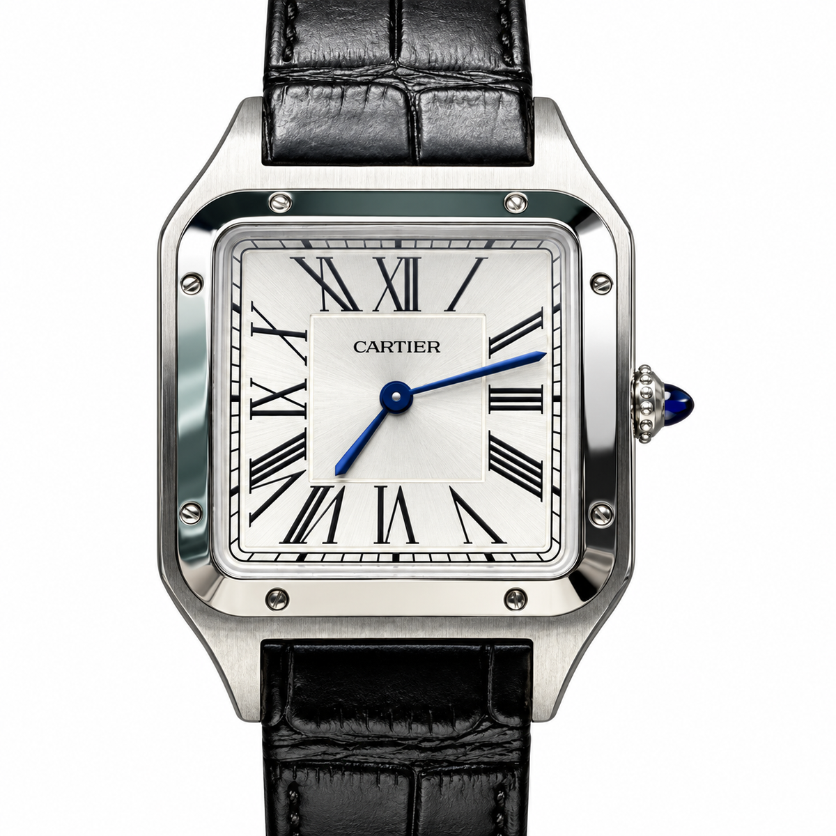 Cartier Santos-Dumont Small Stainless Steel White Dial Black Alligator Strap Watch