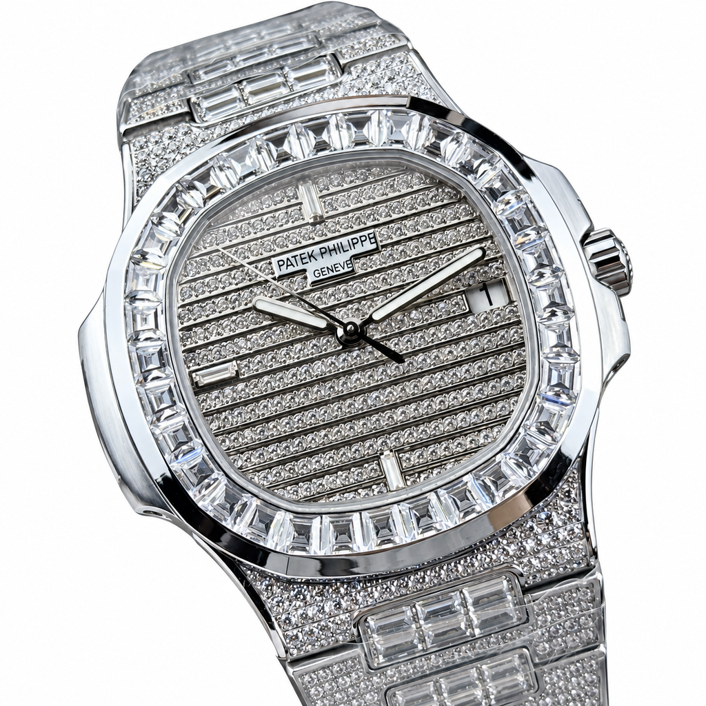 Patek Philippe Nautilus Iced Out Full Diamond Steel Baguette Bezel 40mm