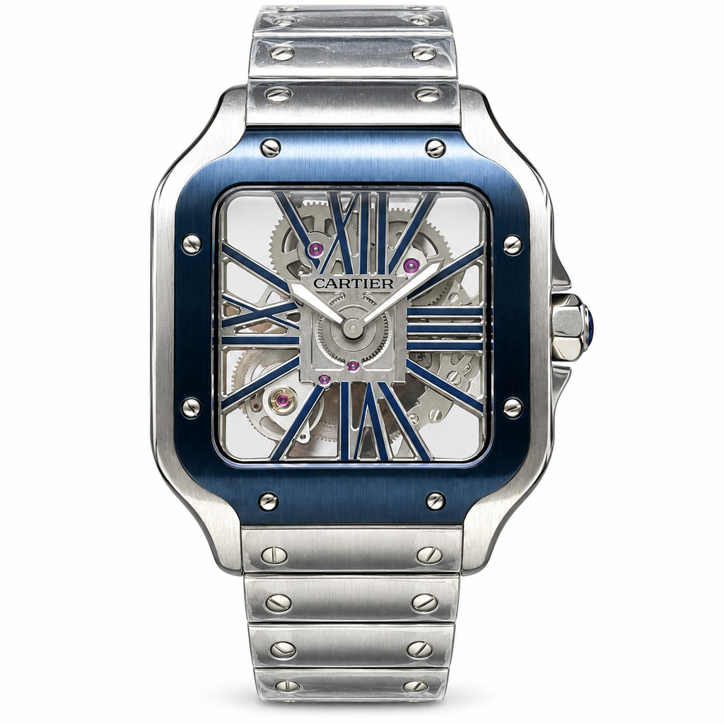 Cartier Santos de Cartier Large Skeleton Blue ADLC Bezel Automatic Steel Bracelet Watch