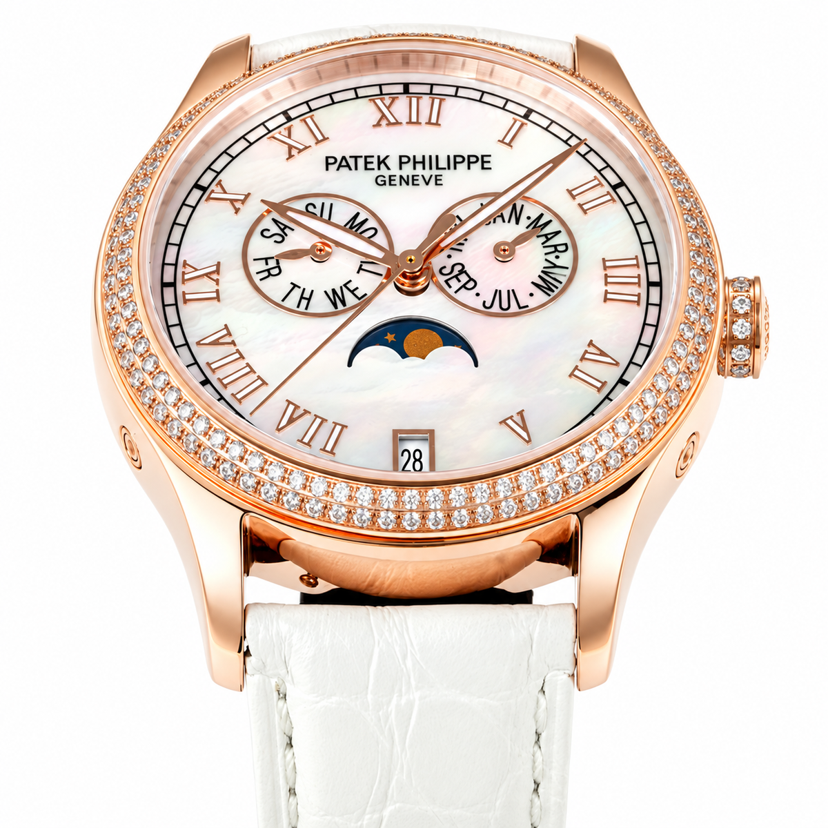 Patek Philippe Ladies Rose Gold Diamond Bezel Annual Calendar Moon Phase MOP Dial White Strap 38mm