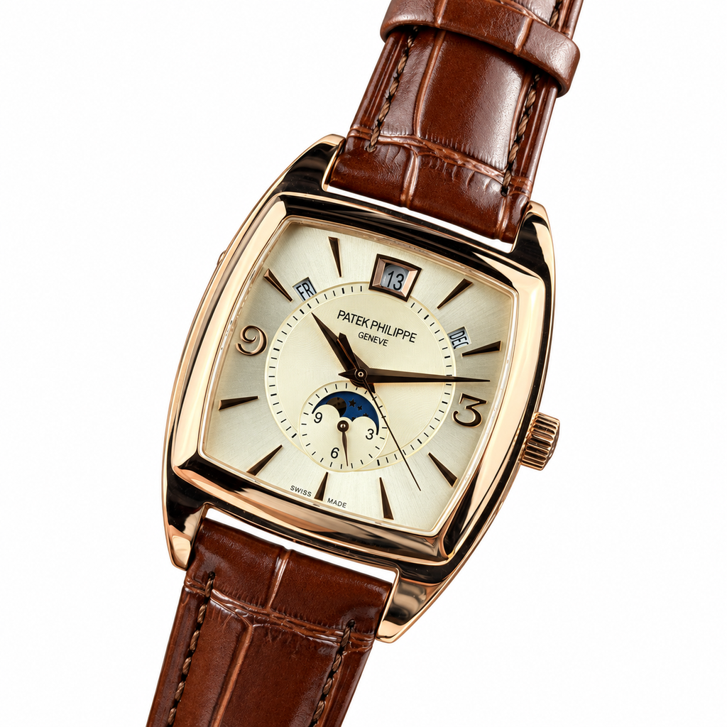 Patek Philippe Gondolo Cushion Rose Gold Annual Calendar Moon Phase Small Seconds Ivory Dial Brown Strap 34mm