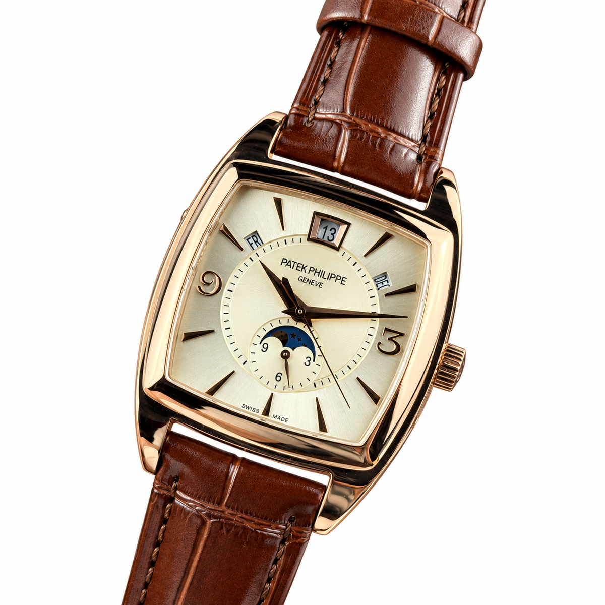 Patek Philippe Gondolo Cushion Rose Gold Annual Calendar Moon Phase Small Seconds Ivory Dial Brown Strap 34mm