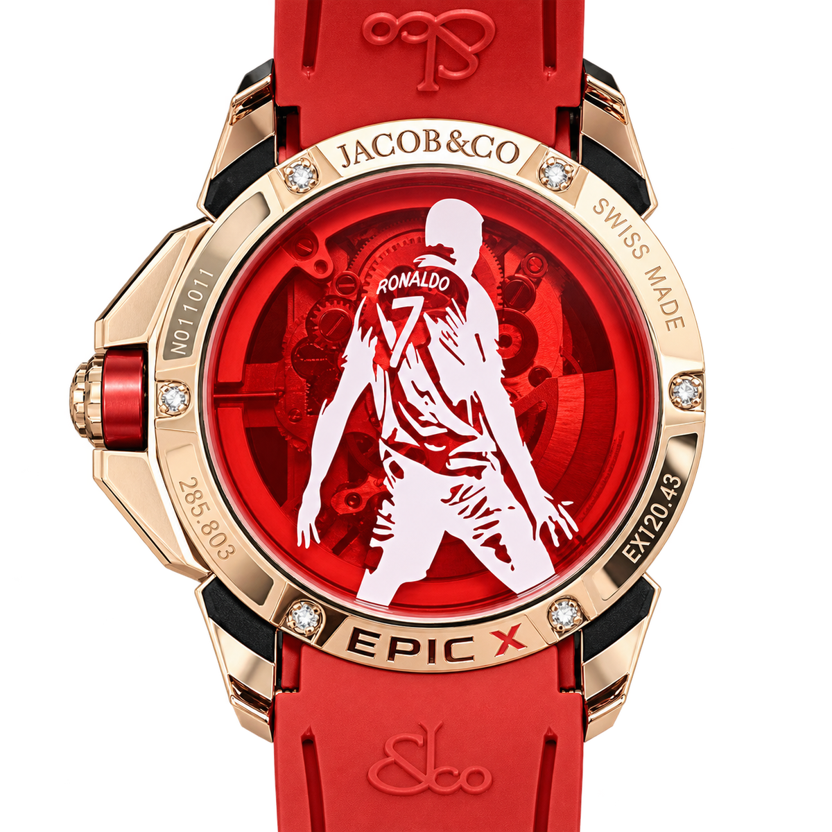Jacob & Co. Epic X CR7 18K Rose Gold Red Sapphire Crystal Skeleton Ronaldo No.7 Jersey Silhouette Numbered Red Honeycomb Rubber Watch