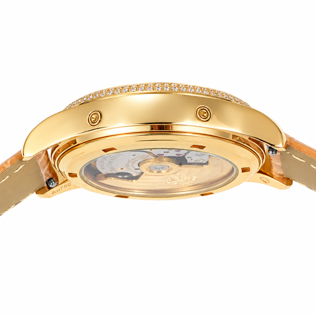 Patek Philippe Ladies Annual Calendar Yellow Gold Diamond Bezel Pink MOP Dial Roman Numerals Moon Phase Beige Strap 38mm
