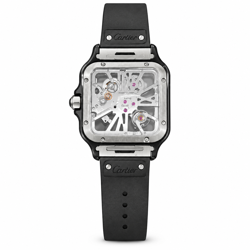 Cartier Santos de Cartier Large Steel Black DLC Skeleton Silver Roman Numeral Black Rubber Strap Automatic Watch