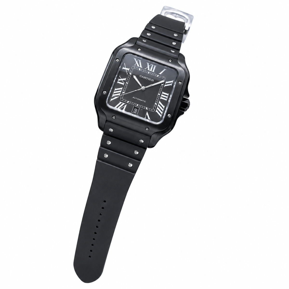 Cartier Santos de Cartier Large All-Black ADLC Coated Black Dial Rubber Strap Watch