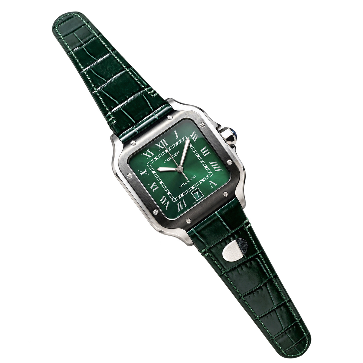 Cartier Santos de Cartier Large Stainless Steel Green Dial Green Alligator Strap Automatic Watch