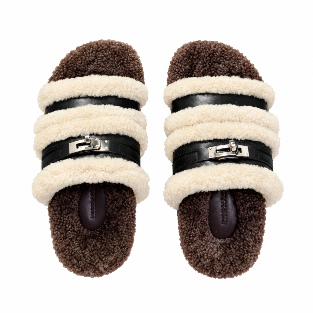 Hermès Black Double-Strap Slides with Cream Plush Trim