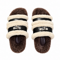 Hermès Black Double-Strap Slides with Cream Plush Trim