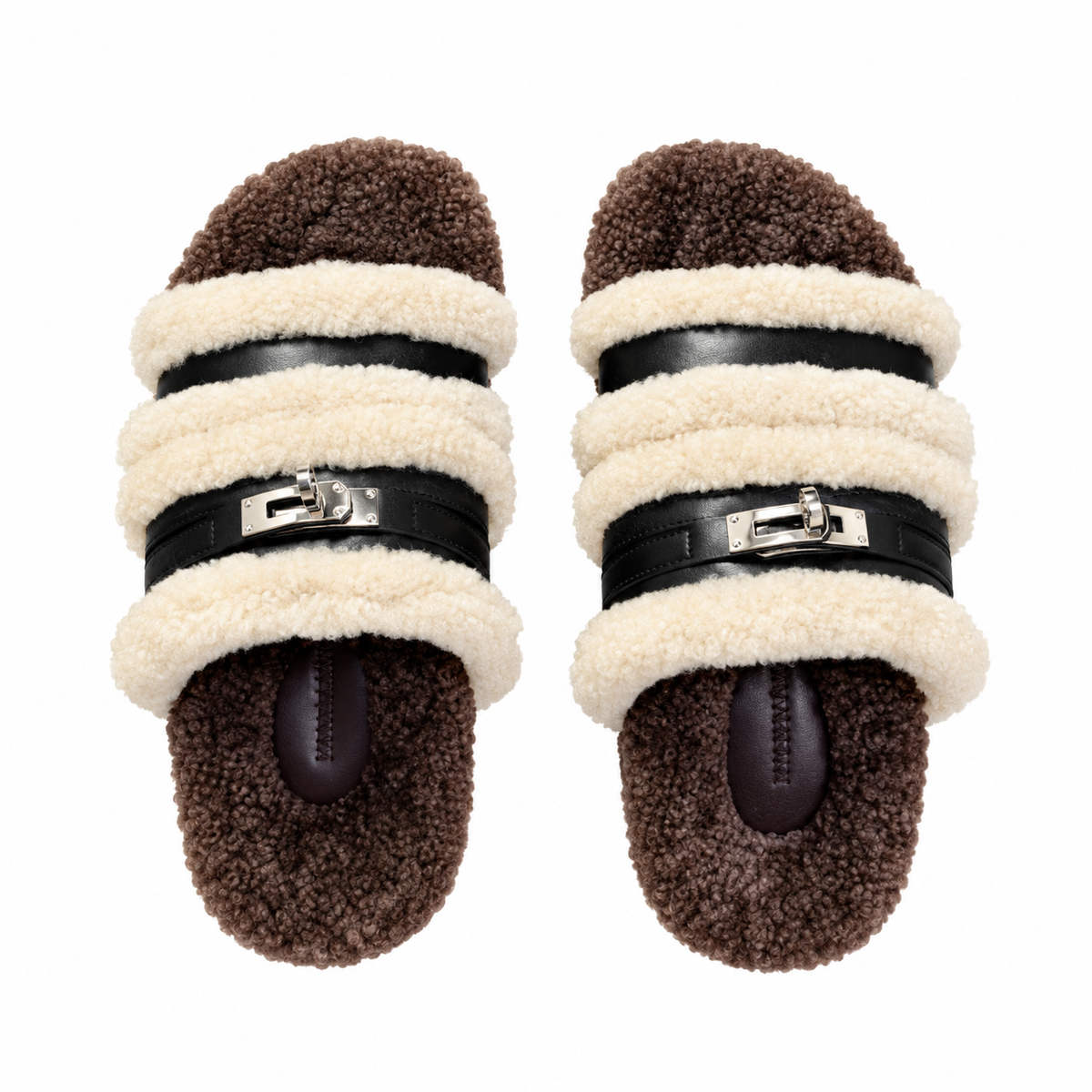 Hermès Black Double-Strap Slides with Cream Plush Trim