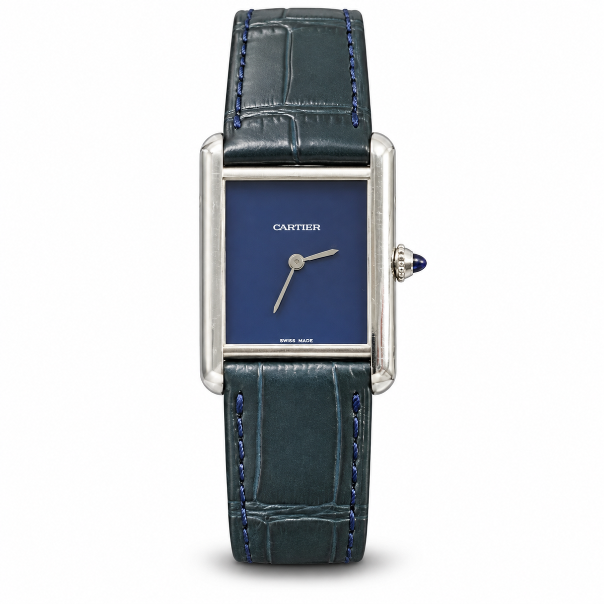 Cartier Tank Must Small Stainless Steel Blue Lacquer Dial Blue Alligator Strap Watch