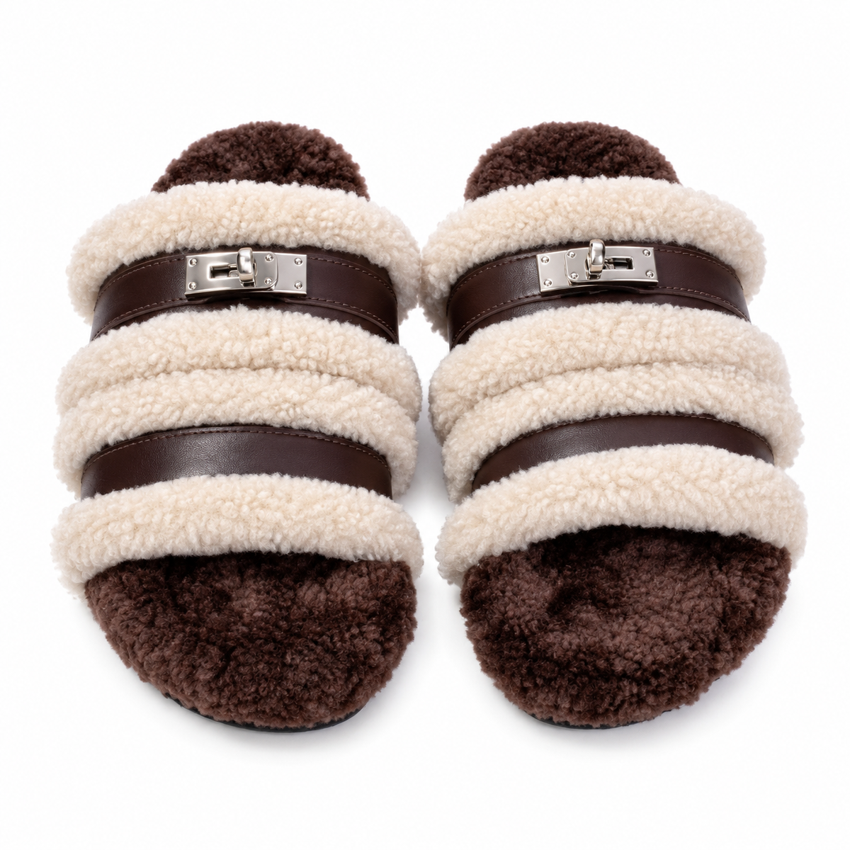 Hermès Dark Brown Slide Sandals with Cream Plush Trim