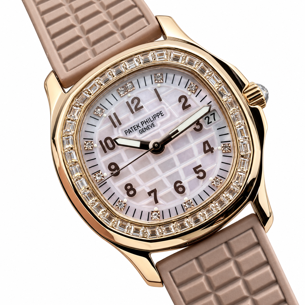 Patek Philippe Aquanaut Luce Rose Gold Diamond Bezel White MOP Beige Strap 44mm