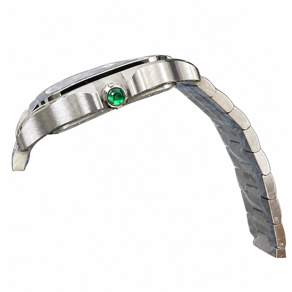 Cartier Santos de Cartier Large Stainless Steel Skeleton Green Roman Numeral Steel Bracelet Automatic Watch