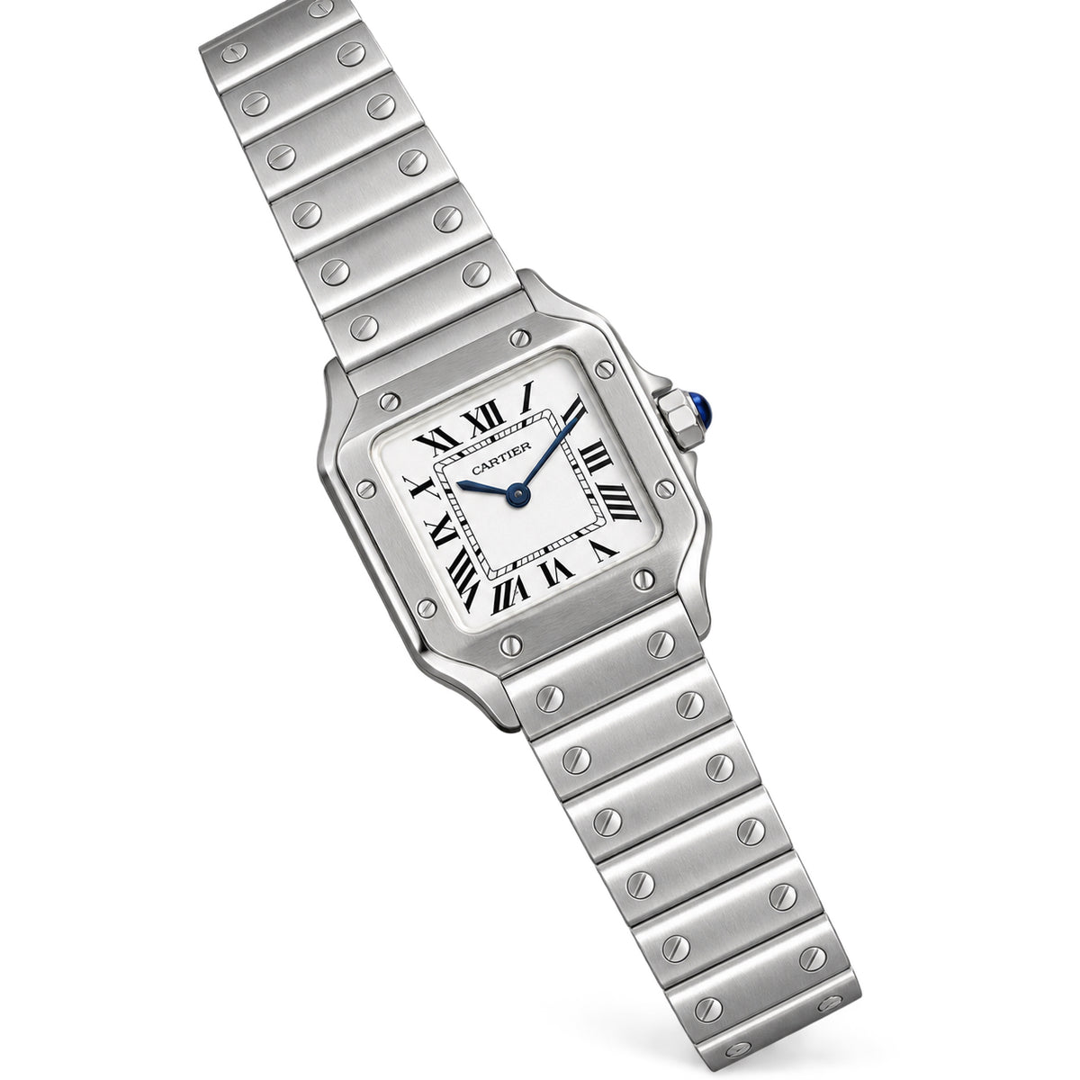 Cartier Santos de Cartier Large Stainless Steel White Dial Roman Numeral Blue Hands Steel Bracelet Automatic Watch