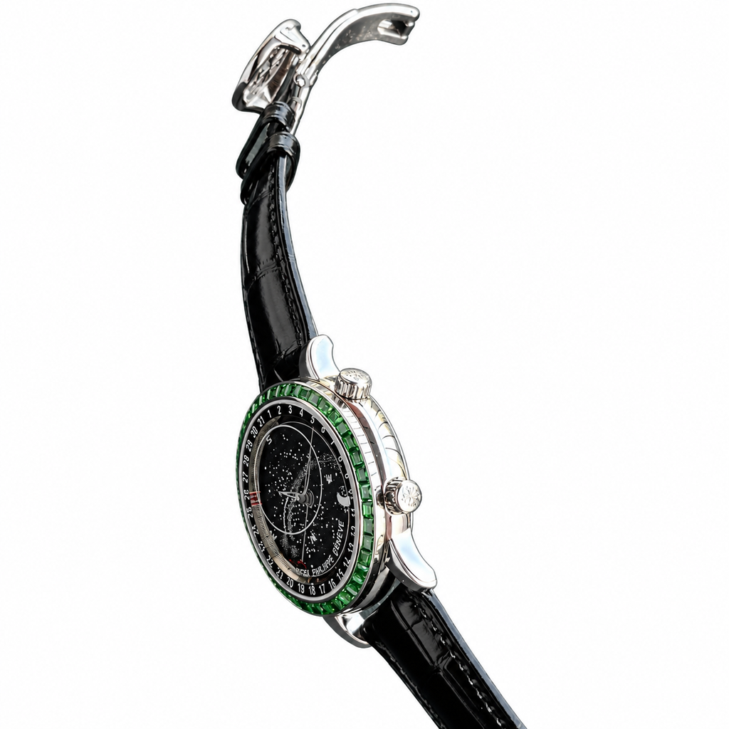 Patek Philippe Celestial White Gold Emerald Bezel Black Star Dial Moon Phase 44mm