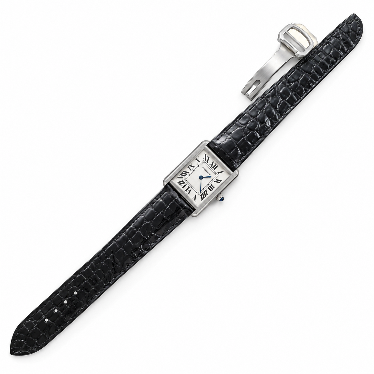 Cartier Tank Solo Large Stainless Steel Diamond Bezel White Dial Black Alligator Strap Watch