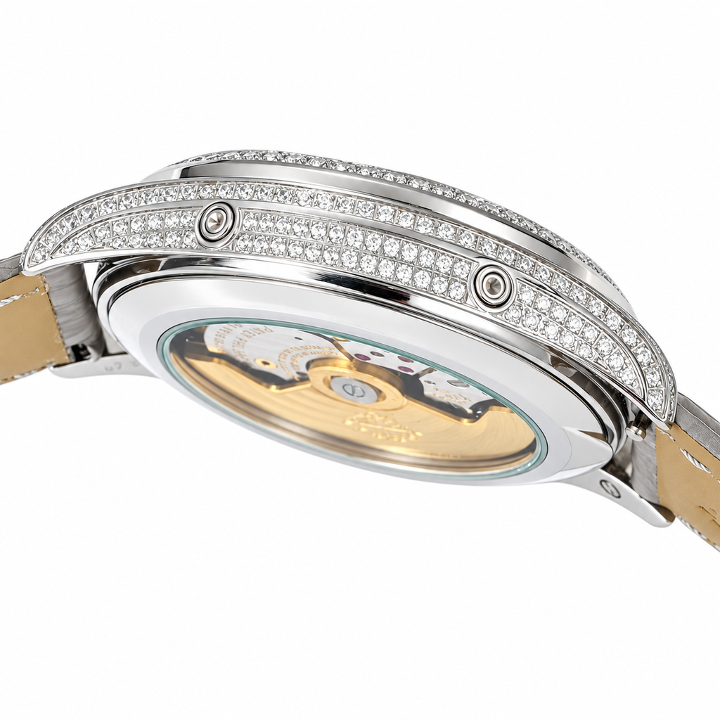 Patek Philippe Ladies Complications White Gold Full Diamond Bezel Lugs White MOP Dial Arabic Numerals Annual Calendar Moon Phase Date Grey Strap 38mm
