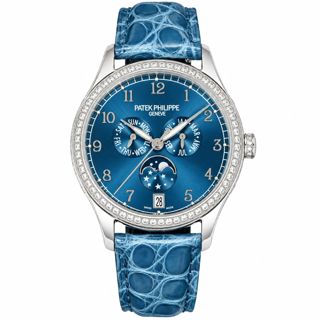 Patek Philippe Ladies Complications White Gold Round Diamond Bezel Blue Dial Arabic Numerals Annual Calendar Moon Phase Date Blue Strap 38mm