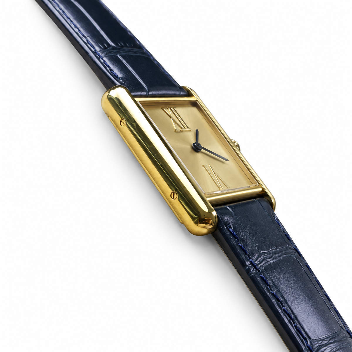 Cartier Tank Must Yellow Gold Champagne Dial Navy Alligator Strap Watch