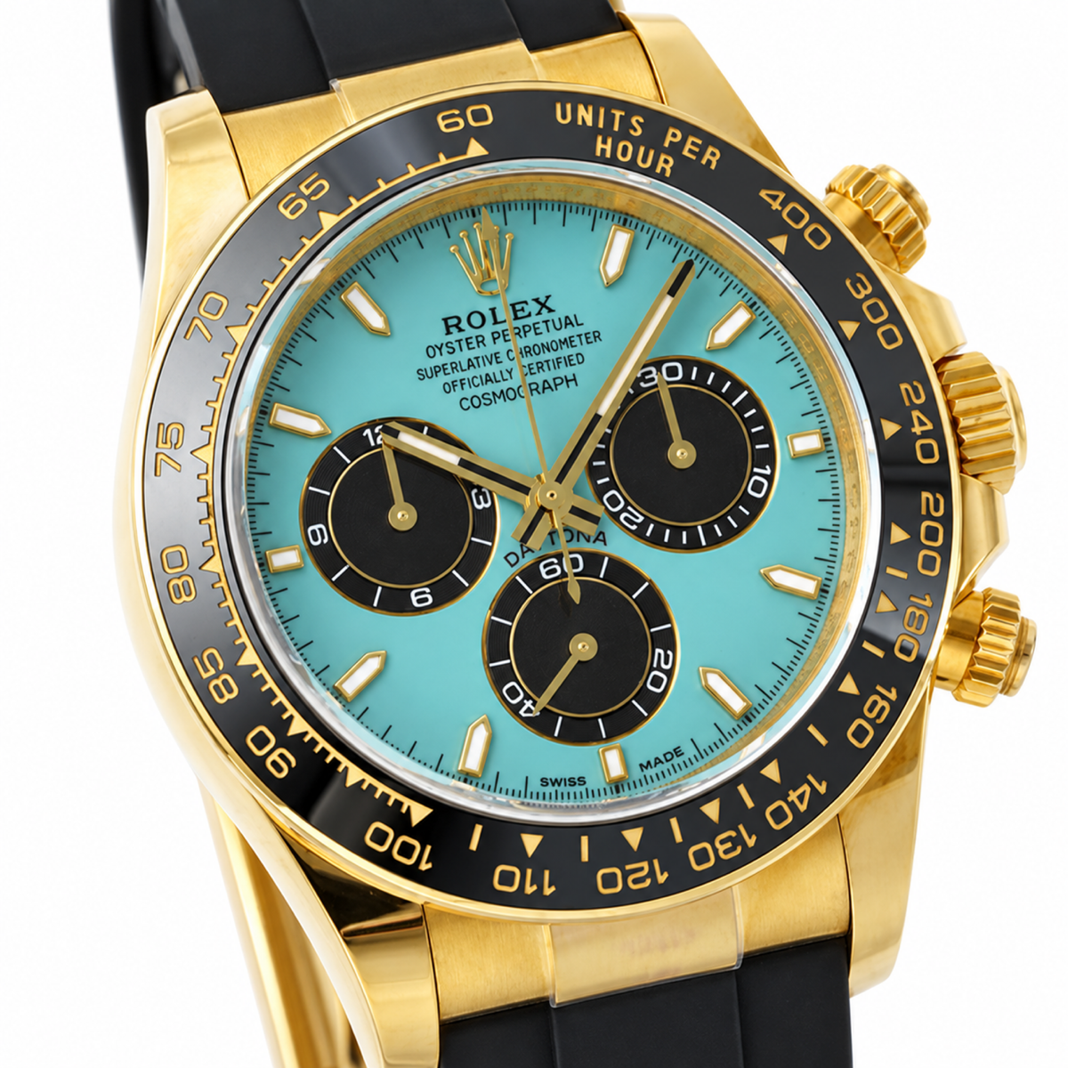 Rolex Cosmograph Daytona Yellow Gold Black Ceramic Bezel Tiffany Blue Dial Oysterflex Watch