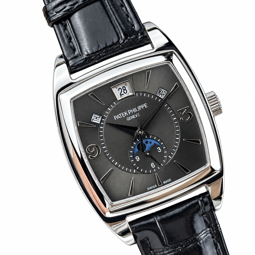 Patek Philippe Gondolo Calendario White Gold TV-Shaped Slate Grey Clous de Paris Dial Annual Calendar Moon Phase Small Seconds Black Strap 34mm