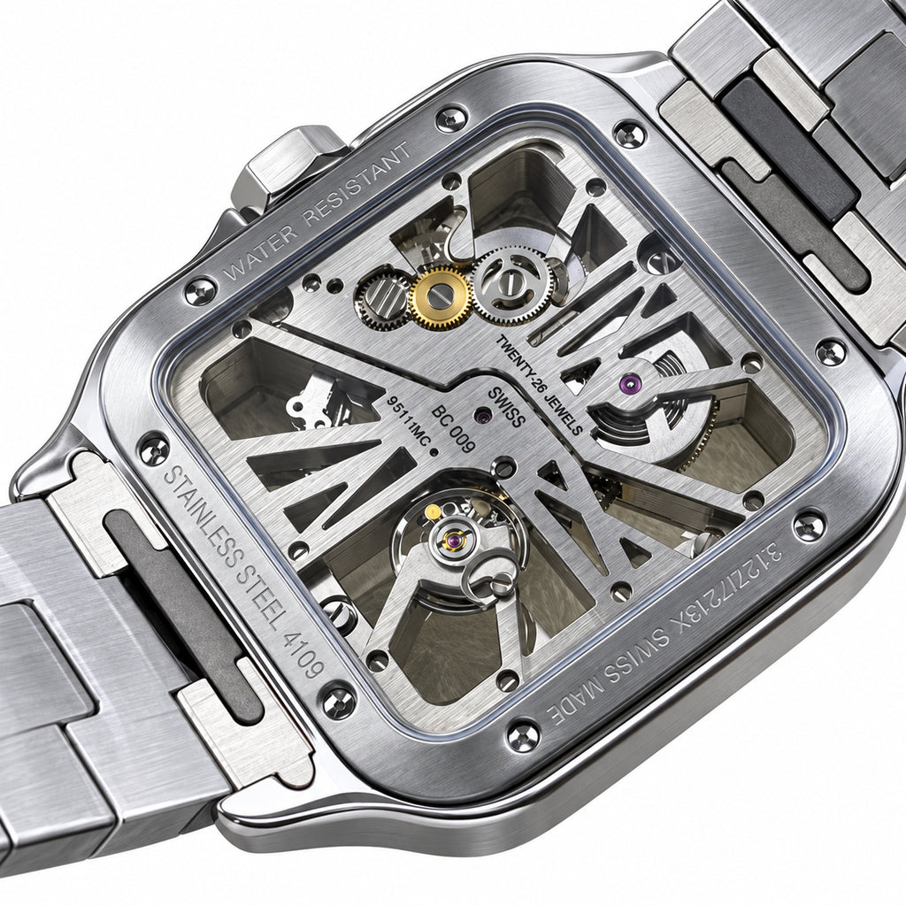 Cartier Santos de Cartier Large Stainless Steel Skeleton Silver Roman Numeral Steel Bracelet Automatic Watch