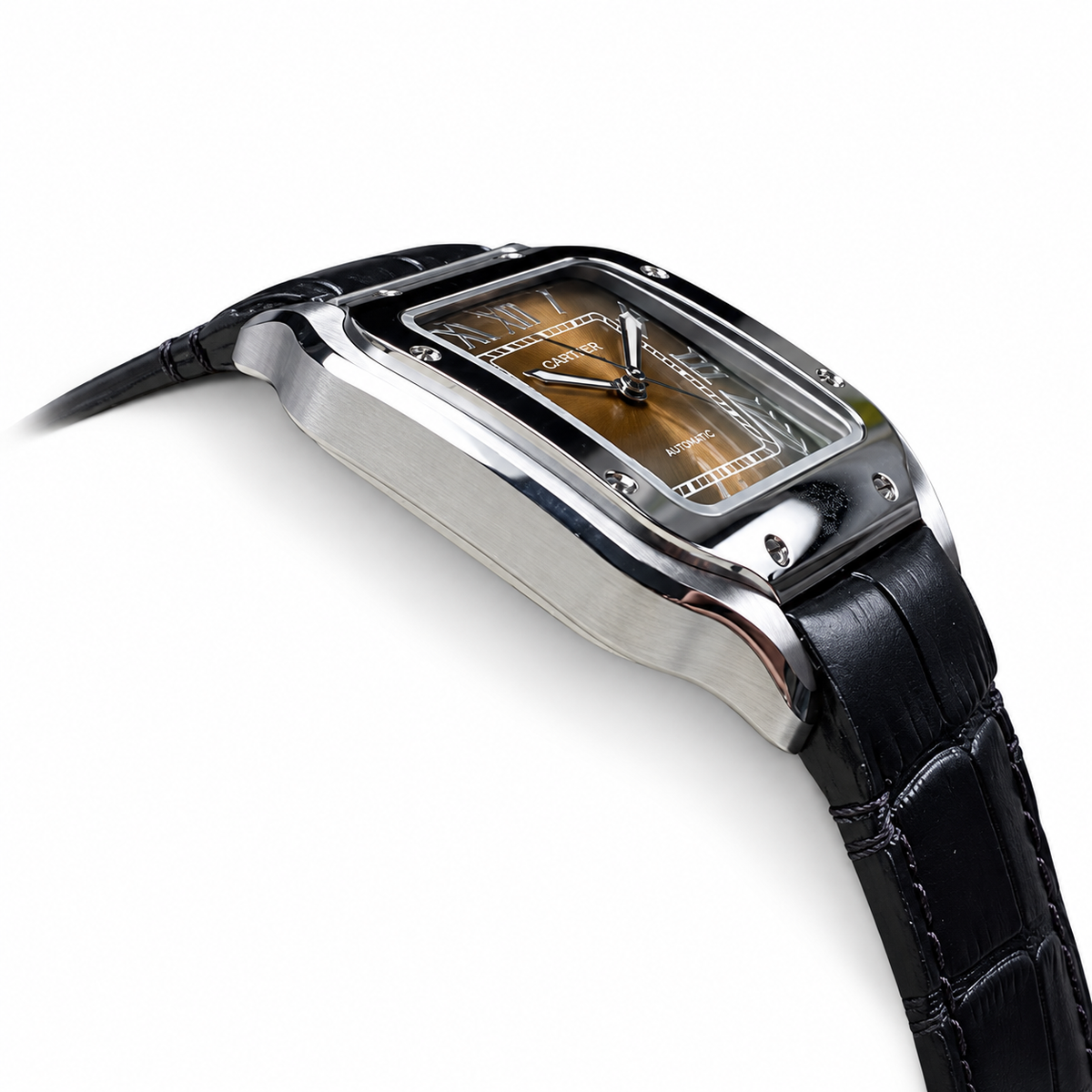 Cartier Santos de Cartier Large Stainless Steel Champagne Dial Roman Numeral Interchangeable Black Alligator Strap & Steel Bracelet Automatic Watch