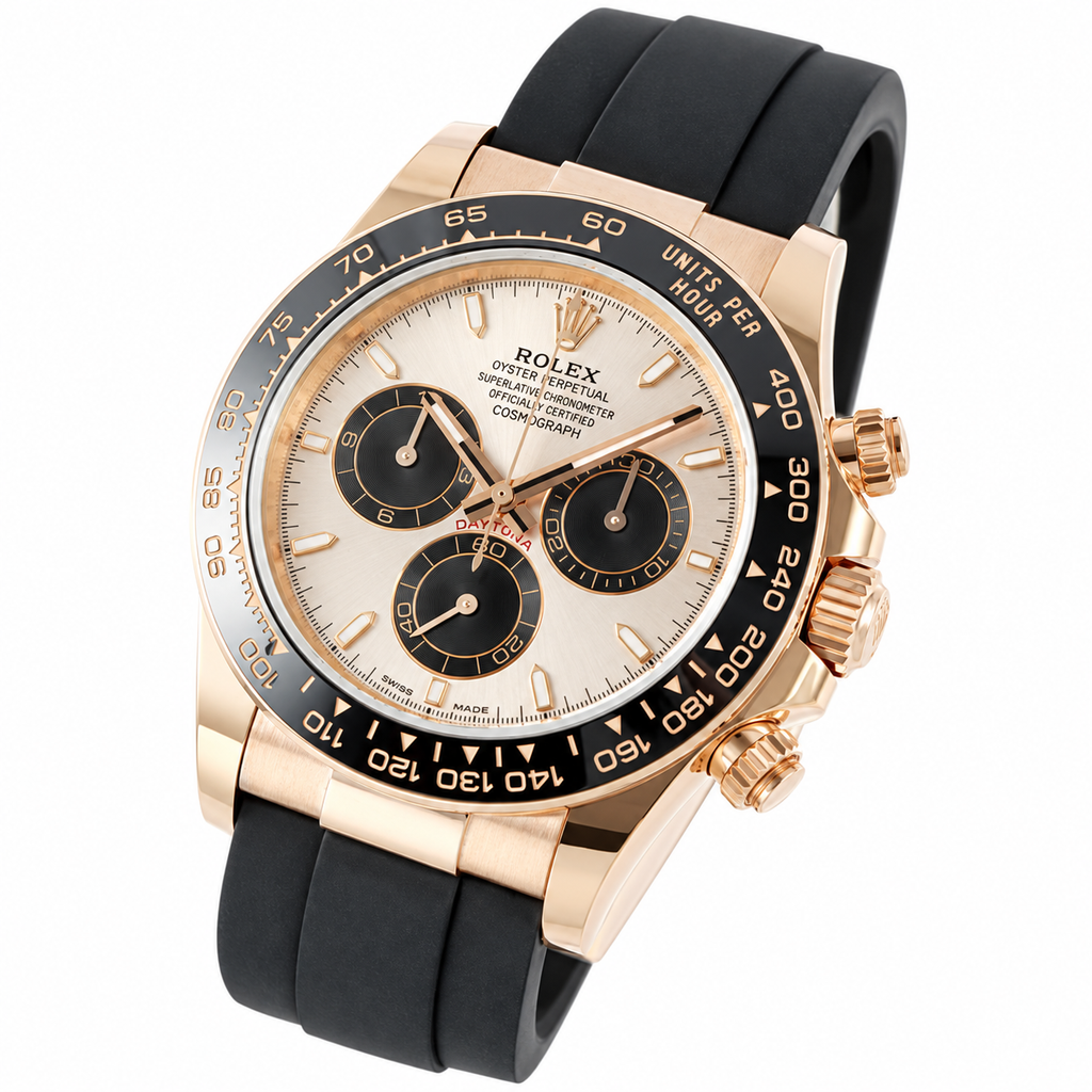 Rolex Cosmograph Daytona Rose Gold Black Ceramic Bezel Champagne Dial Oysterflex Watch