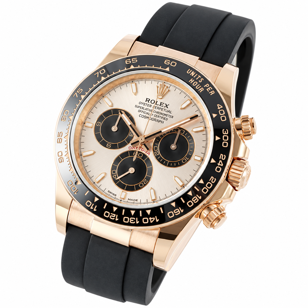 Rolex Cosmograph Daytona Rose Gold Black Ceramic Bezel Champagne Dial Oysterflex Watch