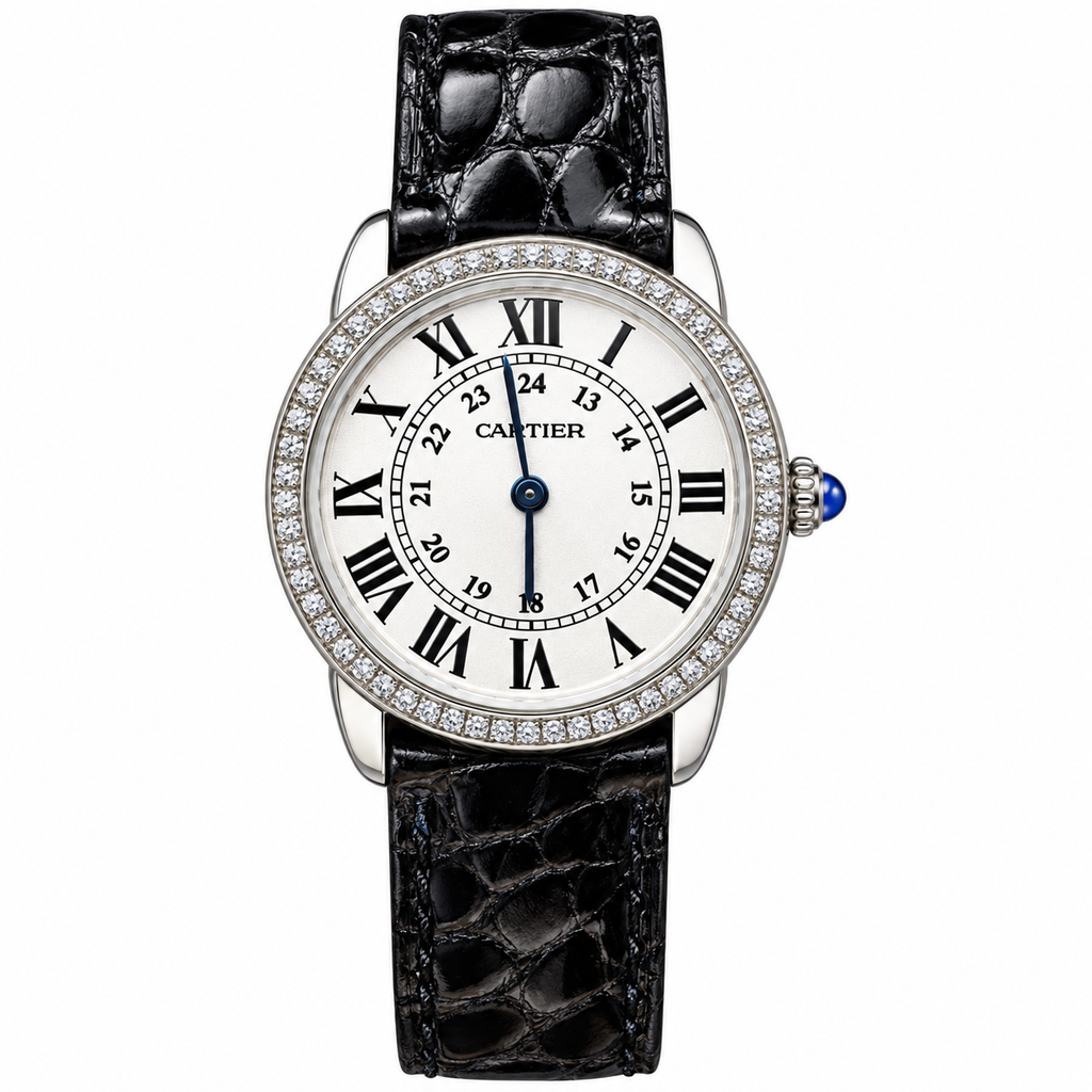 Cartier Ronde Louis Cartier Steel Diamond Bezel White Dial Black Alligator Strap Watch