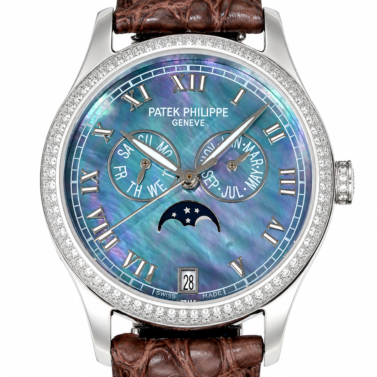 Patek Philippe Ladies Annual Calendar White Gold Double Diamond Bezel Blue MOP Dial Roman Numerals Moon Phase Brown Strap 38mm