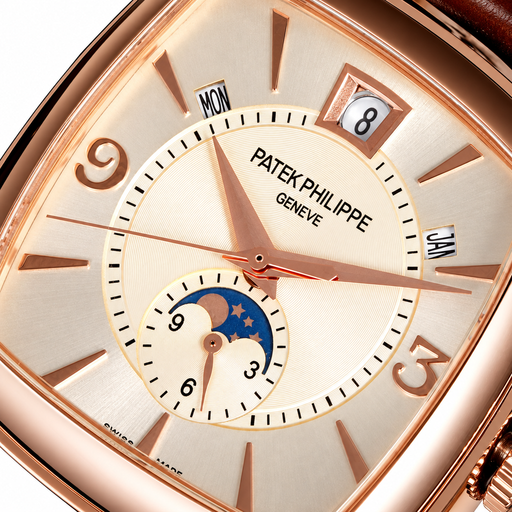 Patek Philippe Gondolo Cushion Rose Gold Moon Phase Small Seconds Date Month Ivory Dial Brown Strap 34mm