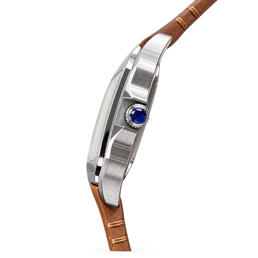 Cartier Santos de Cartier Medium Stainless Steel White Dial Tan Leather Strap Automatic Watch