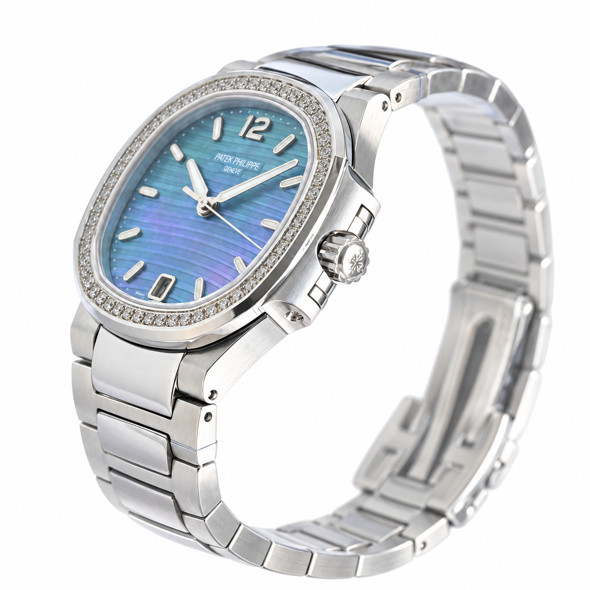 Patek Philippe Nautilus Ladies Stainless Steel Blue Green MOP Dial Date Steel Bracelet 40mm