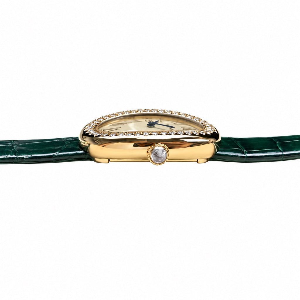 Cartier Baignoire Yellow Gold Diamond Bezel Ivory Dial Green Strap Watch – KDY