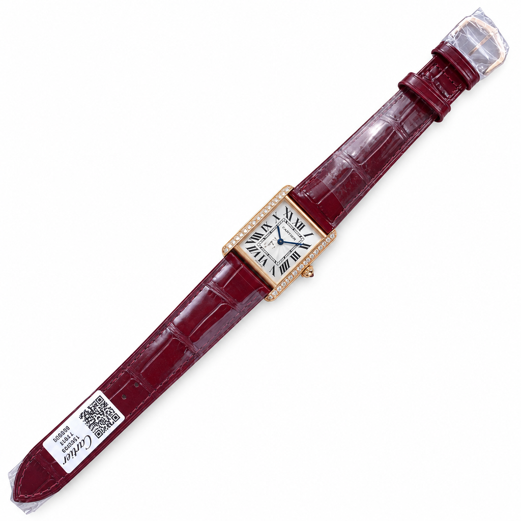 Cartier Tank Diamond Yellow Gold Burgundy Alligator Watch
