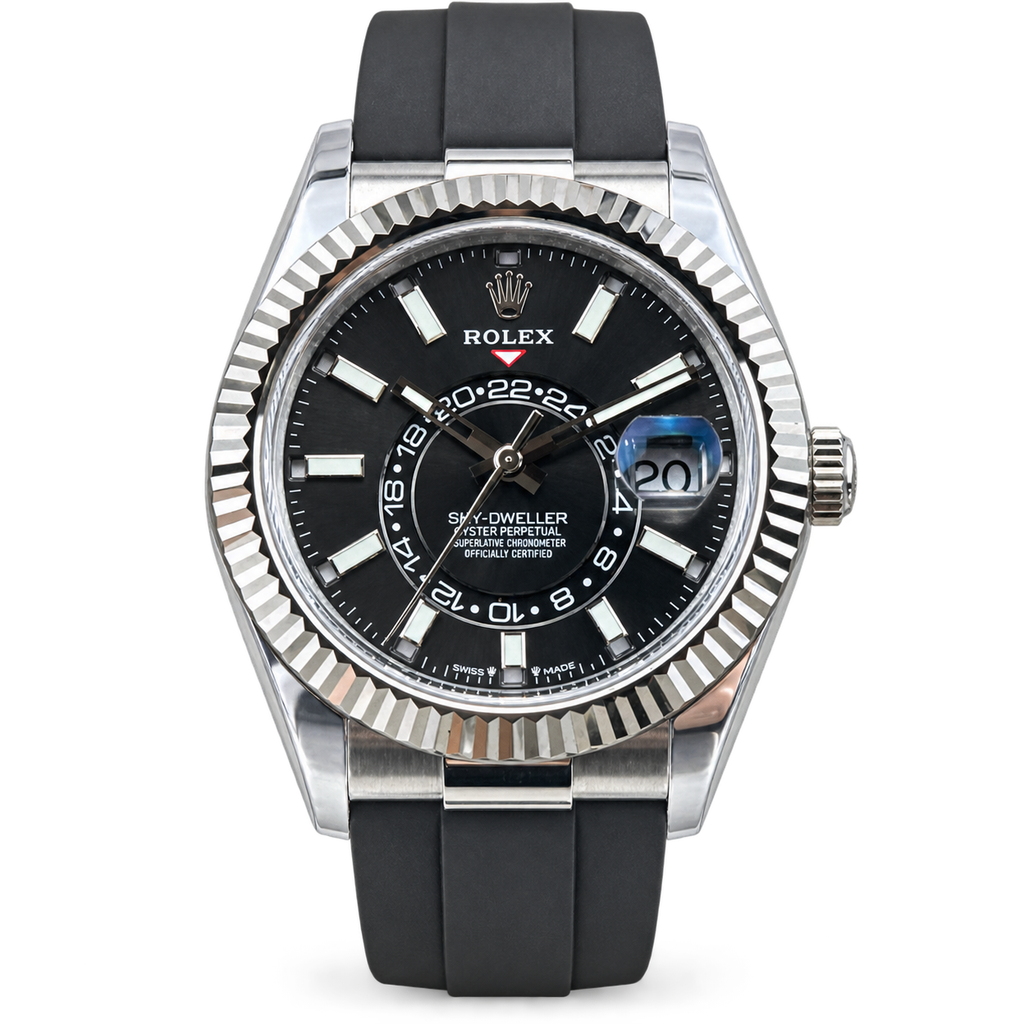 Rolex Sky-Dweller Oystersteel White Gold Fluted Bezel Black Dial Oysterflex Watch